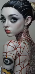 a woman is wearing makeup with many tattoos