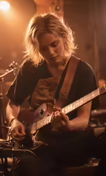 a person is sitting with a guitar in their hand
