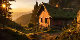 a house with grass roof in the mountains,an old building is surrounded by mountains and grass