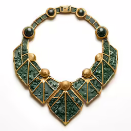 an unusual green necklace with gold details