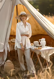 a woman stands in front of an outdoor table with a cake,a woman standing in front of a tent