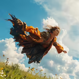 a woman with her arms outstretched out in the air