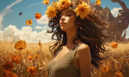 a woman wearing a flower crown standing in the middle of a field