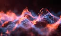 a mountain in a lava like space with large, fluffy clouds