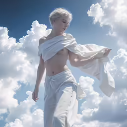 woman with no shirt is standing in a cloudless sky