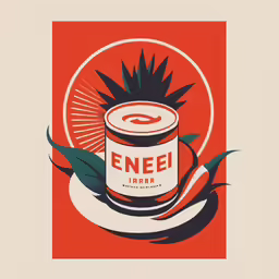 an advertisement for a can of coffee with a sun setting in the background
