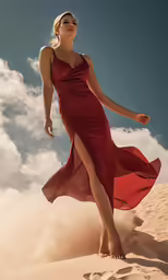 a woman is standing on a sand dune in the desert