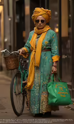 woman with bicycle and shopping bags, walking down the street