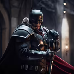 the man in batman ark costume and cape holding a sword
