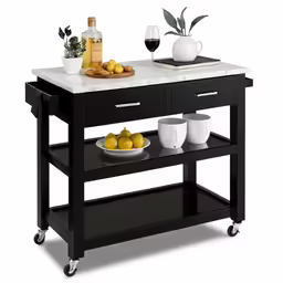 a kitchen cart with two bowls on it and some fruit
