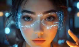 an alien woman looking down while touching her face with stars in the sky above