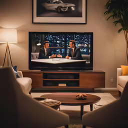 two men sitting on chairs facing a tv playing