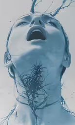 the woman has her head pressed against the branches of a tree