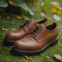 a pair of brown leather derby shoes sitting on top of grass