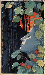 an art nouveau print of a woman with leaves in front of the sun
