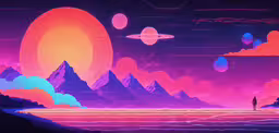 a man standing on a hillside with mountains and planets,the artwork for outer planets is of an alien landscape, with mountains, water and clouds and planets on the horizon