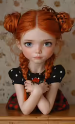 a red haired doll with long red hair sitting down