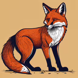 the fox, drawn in pencil and colored with ink,a red fox sitting down on the ground