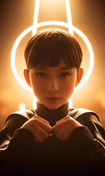 a young woman stands in front of a light