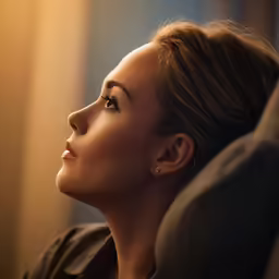 the woman is sitting in the chair looking at something