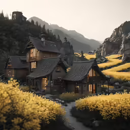 the landscape is amazing, with yellow flowers and mountain scenery