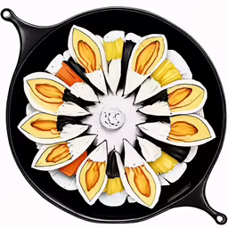 an intricate arrangement of sliced pumpkins in a black tray