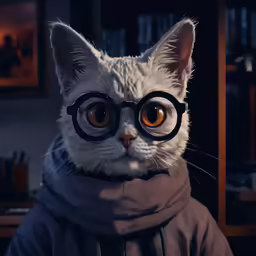 the cat wears big glasses while posing in the dark