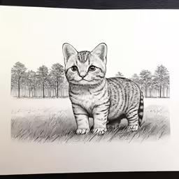 a cat standing in the grass near trees