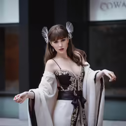 the model is walking down the street in a dress