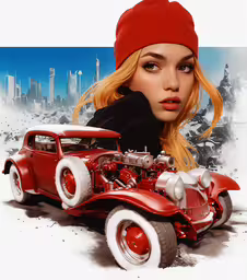 digital drawing of a woman with a car,a woman is sitting next to a red truck with snow on it