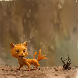 a little yellow cat with brown spots standing in the dirt next to a dead tree
