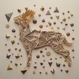 a paper sculpture of a dog surrounded by various metallic and black pieces