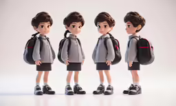a woman in school uniform wearing three different school bags