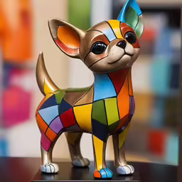 a statue is displayed on a shelf and has a little chihuahua
