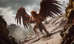 the man with the large brown bird is running down the hill