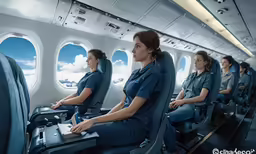 four young women in blue uniforms sit in the front row of an airplane and look at the view
