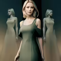 a blonde woman standing in front of three mannequins