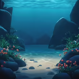 a painting of coral reefs and a stream in the sea