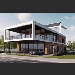 a rendering of a modern residence with two cars parked on the side