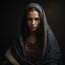 a woman in the dark with a shawl on her head