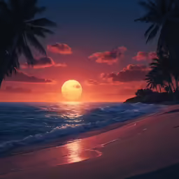 a painting of a sunset on a tropical beach