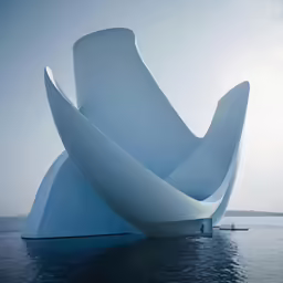 large white sculpture stands in the ocean with its tail sticking out