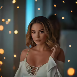 a woman wearing a white top and a necklace