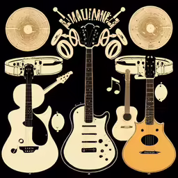 three guitars with music instruments on a black background