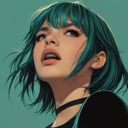 a woman with green hair with bangs and bangs
