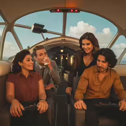 a bunch of young people sitting around a small airplane