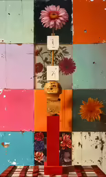 the flowers are sitting on top of the wooden pole