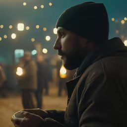 a man holding a cup looks away from the camera while people are walking on the street in the background