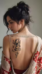 back view of woman with flower tattoo on her upper and neck