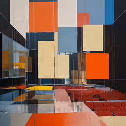 an art installation that features multiple colored pieces,some chairs and mirrors in a room